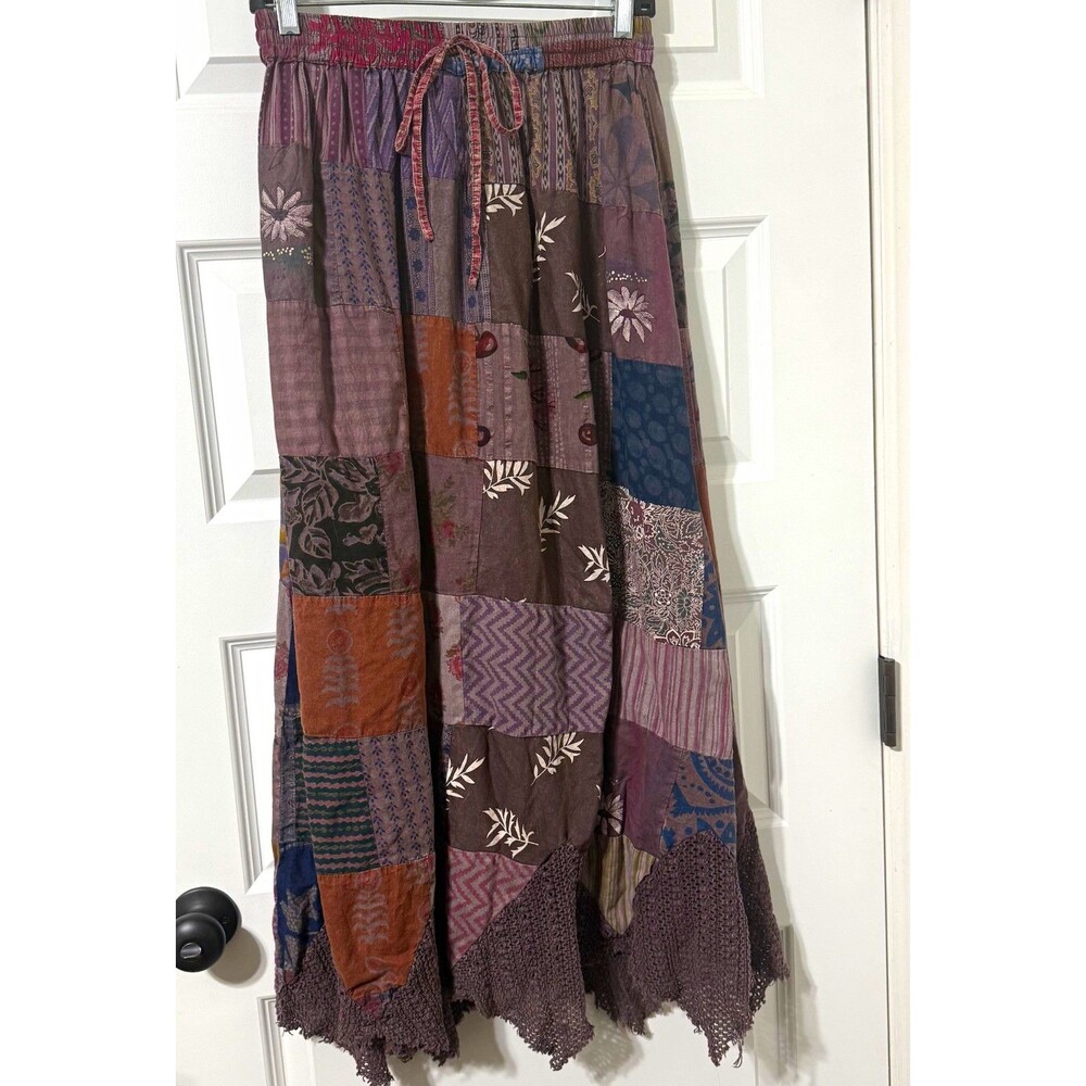Earthbound Floral Patchwork Skirt M Asymmetrical Crochet Hem Indie Boho Fairy